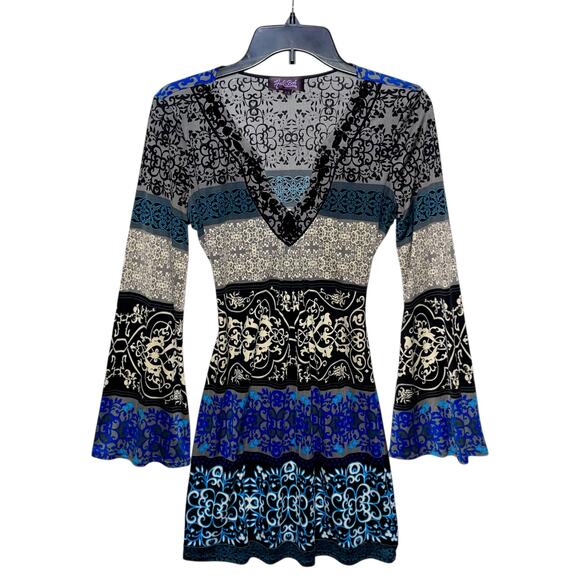 Hale Bob Silk Dress Velvet Burnout Bell Sleeves - Picture 2 of 11